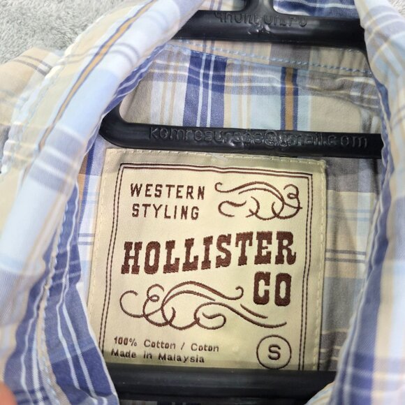 Mens Hollister Co Western Style Tan Blue Plaid Shirt Pearl Snap Button Up Size S - Picture 5 of 9